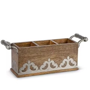 Rustic wooden <b>caddy</b> with an antique finished for storing and carrying cutlery condiments spices and napkins - Product Image 1