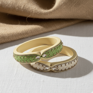 Set of 2 Green & Off-White Embellished Lac Cuff <b>Bracelets</b> Fashion Bangles - Product Image 5