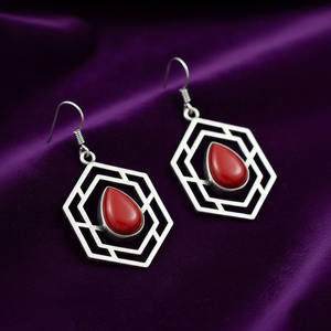 925 Sterling Silver Gold Plated Indian Hexagon Drop <b>Earrings</b> <b>Red</b> Onyx Stone | Trendy Party Handmade <b>Earrings</b> Wholesale Jewelry - Product Image 3