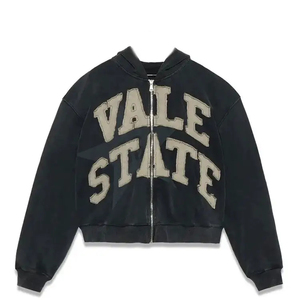 Custom Manufacturers 450 Gsm HeavyWeight French Terry Vintage Distressed <b>Patch</b> Embroidery Zip up Cropped Hoodie - Product Image 1