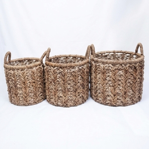 Ensemble de paniers de rangement en écorce de bananier naturelle avec cadre en fer, poignée en chevron tressé, pot cylindrique, décoration artistique pour la maison - Product Image 1