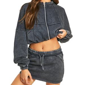 Ensemble 2 pièces vintage délavé à l'acide pour femme, coupe courte, manches longues, design uni, tenue décontractée, MADE BY HAIDIIII SPORTS 2026 - Product Image 1