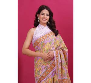 Sari estampado a mano de Malmal estilo Bollywood para mujer, algodón suave para festivales indios, fiestas de verano, ropa de fiesta de Pakistán - Product Image 2