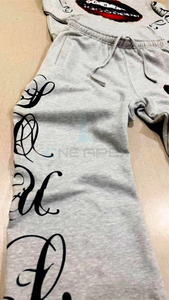 <b>White</b> Flame Print 100% Cotton Drawstring Tracksuit Pullover Hoodie <b>Jogger</b> Pants Two Piece Streetwear Set Custom Logo Winter Wear - Product Image 4