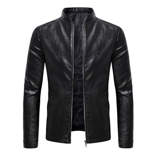 Nouveau hommes d'affaires décontracté mince à manches longues en cuir Pu veste veste couture latérale poche fermeture éclair couleur unie - Product Image 5