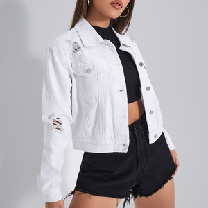 Veste en jean blanche et déchiré pour femmes personnalisée veste boutonnée pour dames avec manches longues - Product Image 6