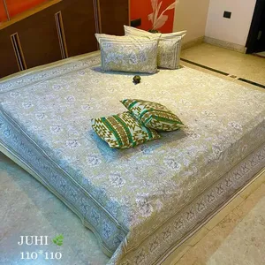 传统Jaipuri印花纯棉1双床单带2个枕套高经典整理手工床单散装