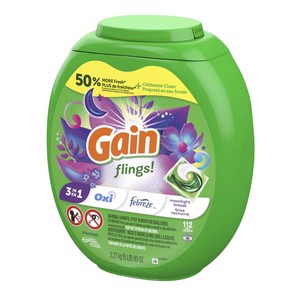Prix bas du marché pour les capsules de lessive Gain Flings 3 en 1 HE, parfum Moonlight-Breeze, 112 unités disponibles - Product Image 1