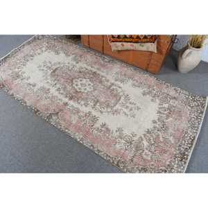 Vintage Turkish Rug, 3.2x7.3 ft Rug, <b>Brown</b> Pink Striped <b>Wool</b> Rug - Product Image 4