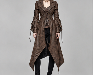 Manteau trench en cuir avec fermeture à lacets sur les manches, long, style automne pour femmes - Product Image 1