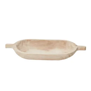 Cuenco de madera tallada a mano natural con asas Bandeja de madera de forma clásica para servir velas - Product Image 1