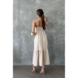 Vestido Casual al Por Mayor de Topshow, Diseño Largo con Tirantes y Cuello en V, Lino Crudo - Product Image 1