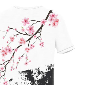 Men's White Short Sleeve <b>Tie</b>-Dyed <b>Knitted</b> Breathable Casual O-Neck Regular Fit T-Shirt Cherry Blossom Mountain Print Cotton - Product Image 5