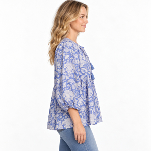 Blusa Informal India Tejida a Mano con Estampado de Bloques, de Algodón Puro, Diseño Floral Bohemio, Ecológica, de Secado Rápido, con Mangas Abullonadas - Product Image 5