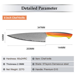 Vente en gros de couteau de chef personnalisé de qualité supérieure OEM ODM avec poignée colorée et couteau de chef professionnel en acier Damas - Product Image 6