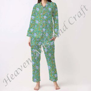 Conjunto de pijama de algodón estampado con bloque de mano para mujer, estampado Floral/personaje/letra, diseño de árbol de Coco para vacaciones de verano/otoño - Product Image 4