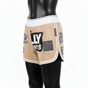 Shorts de sport pour femmes, 240 GSM, coton et polyester, polaire beige et blanc, panneau latéral, logo brodé personnalisé. - Product Image 4
