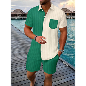 Summer New Men's Plus Size Clothing Sporty Casual Color-Blocked <b>Pocket</b> Stand-Up Collar <b>Shirt</b> and Shorts Set for Summer - Product Image 1