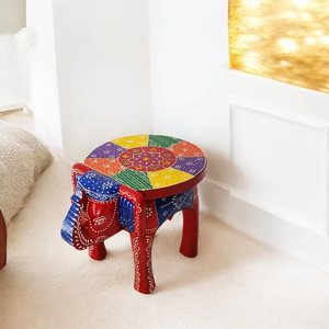 Handcrafted Wooden Elephant Stool Decorative Hand-Painted Table Traditional <strong>Indian</strong> Art Home &amp; Office <strong>Bone</strong> <strong>Inlay</strong> Console Design