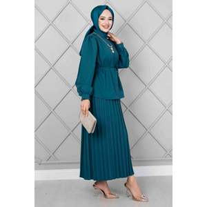 Ensemble hijab 2 pièces modeste avec bouton d'épaule couleur pétrole - Product Image 1