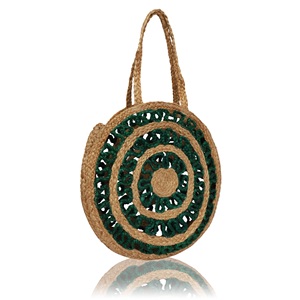 Sac à main bohème rond en jute avec motif ajouré vert, deux poignées, sac de plage d'été fait main pour femmes - Product Image 5