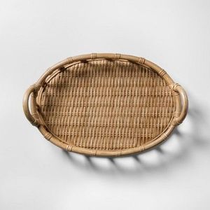 Handmade Decorative Rattan Jute <b>Serving</b> <b>Tray</b> With Bone Inlay Finishing Set of 3 <b>Rounded</b> Shape Food Server <b>Tray</b> - Product Image 1