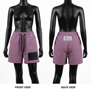 Short de bain pour femme en mélange polyester-coton 150 GSM, séchage rapide, couleur mauve, taille élastique, logo en caoutchouc. - Product Image 2