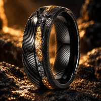 Bague pour homme JLM en acier Damas noir 8 mm avec incrustation de feuille d'or météorite, polie, pour mariage ou promesse, bijou masculin, vente chaude