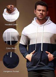Sweat-shirt à capuche à manches longues pour homme - Sweat-shirt en polaire à blocs de couleur avec poche kangourou, respirant, vêtements décontractés d'hiver - Product Image 5