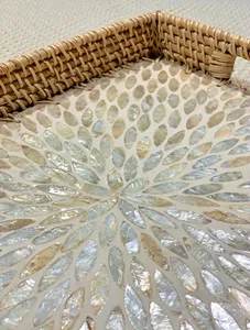 Wholesale High <b>End</b> Quality Rectangle Mother of Pearl Rattan Serving Tray MOP Inlay Lacquer Tray for Home and Restaurant - Product Image 3