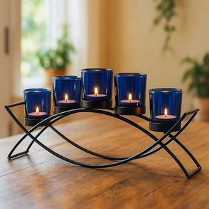 Black metal 5 cup tealight holder <b>bridge</b> centerpiece wedding dining table luxury home interior decorative racks sturdy mounts 03 - Product Image 1