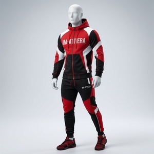 Men Red Black <b>White</b> Hooded Tracksuit <b>Set</b> Full Zip Athletic Jacket Jogger Pants Colorblock Sportswear Training <b>Gym</b> Fitness Active - Product Image 3