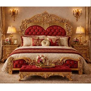 Ensemble de lit sur mesure en velours rouge et teck, grand format, avec tête de lit capitonnée, design traditionnel, meubles de chambre à coucher, look majestueux - Product Image 1