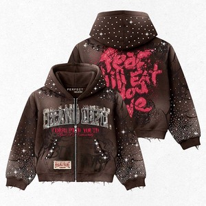 Custom <b>jumpers</b> Acid Wash Embroidered Men's Casual Hoodie 500gsm 100% Cotton Terry Rhinestone Distress Oversized Zip up Hoodie - Product Image 1