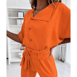 Women's Short Sleeve Collared Front Buttoned Crinkle Blouse and <b>Trousers</b> Two-Piece Set, 34914 - Orange - Product Image 3