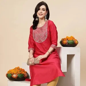 Stylish Trendy Women's Pink Color Embroidered Polyester Fabric Straight Cut Kurta Pant Sets Latest Ethnic Wear Collection OEM