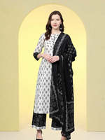 Ensemble Kurta Droit pour Femme en Coton Brodé à Motifs Floraux Blancs, Col Rond, Manches 3/4, Formel, Été, avec Palazzo et Dupatta