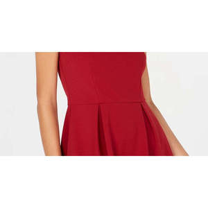 Robe de soirée trapèze rouge grande taille pour femme, sans manches, col bijou, taille naturelle, en crêpe, coupe courte évasée - Product Image 3