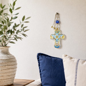 Cross Evil Eye <b>Wall</b> <b>Hanging</b> 7-8 cm Gold Painted Handmade Glass Nazar Amulet for Home & Car Garden <b>Decor</b> Gift Ornament - Product Image 2