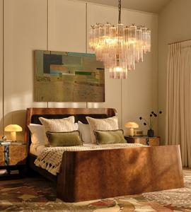 Custom Mid‑Century Modern <b>Platform</b> <b>Bed</b> Curved Burl Wood Veneer <b>Frame</b> Velvet Upholstered Headboard Solid Wood <b>Bed</b> For Bedroom - Product Image 1