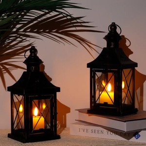 Rustic Black Metal and <b>Glass</b> Lantern <b>Set</b> for Indoor Outdoor Use Two Piece Distressed Bronze Finish Tabletop Lantern <b>Set</b> - Product Image 6
