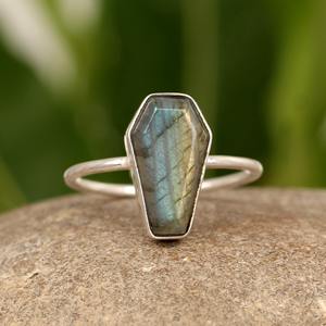 Wholesale 8x14mm Natural <b>Labradorite</b> <b>Ring</b> Coffin Shape 925 Sterling Silver Bezel Setting Customized Trendy Christian - Product Image 1