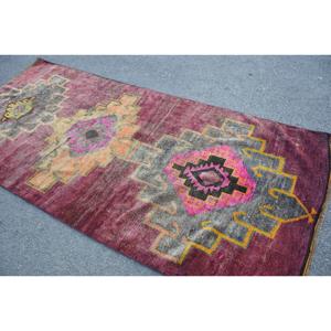 Turkish Vintage Rug 4.2x9 ft, <b>Red</b> Area Floral <b>Wool</b> Rug - Product Image 4