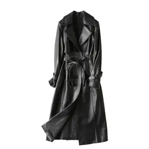 New Design Long Plain Leather Fashion Women Slim Windproof Long Coat Genuine Oversize Long Coat