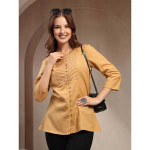 Blusa de Lino Beige para Mujer con Bordado Geométrico en el Pecho, Cuello Mao, Corte Regular - Product Image 1