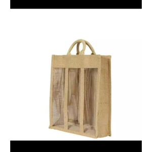 Elegante bolso de mano de 3 botellas con logotipo personalizado, bolso de compras de bodega de yute liso barato con diseño de letra personalizado - Product Image 2