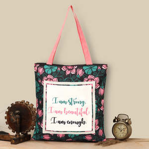 Bolsas de Mano de Lona de Algodón Resistentes y Elegantes con Múltiples Mensajes Impresos, Bolsas de Mano con Asas Rosas y Estampado de Flores - Product Image 1