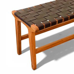 Banco de Jardín de Madera de Teca Ecológico Hecho a Mano, Asiento con Correa de Cuero Tejido, Muebles de Exterior para Patio, Balcón, Villa o Resort - Product Image 6