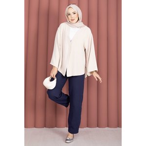 Women's Navy Blue Oxford Muslin <b>Trousers</b> Casual Straight-Leg with <b>Elastic</b> <b>Waist</b> Breathable and Wrinkled XL Size with Pockets - Product Image 4