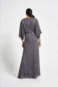 Robe à paillettes à manches flûte ornée de clous et de paillettes brillants Col haut et manches longues et ourlet plissé Style cocktail dre - Product Image 4